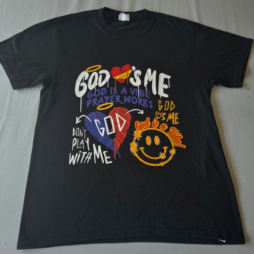 Kids Black large  Graphic T-Shirt God Is Me‎ Vibe Prayer Works Faith handmade